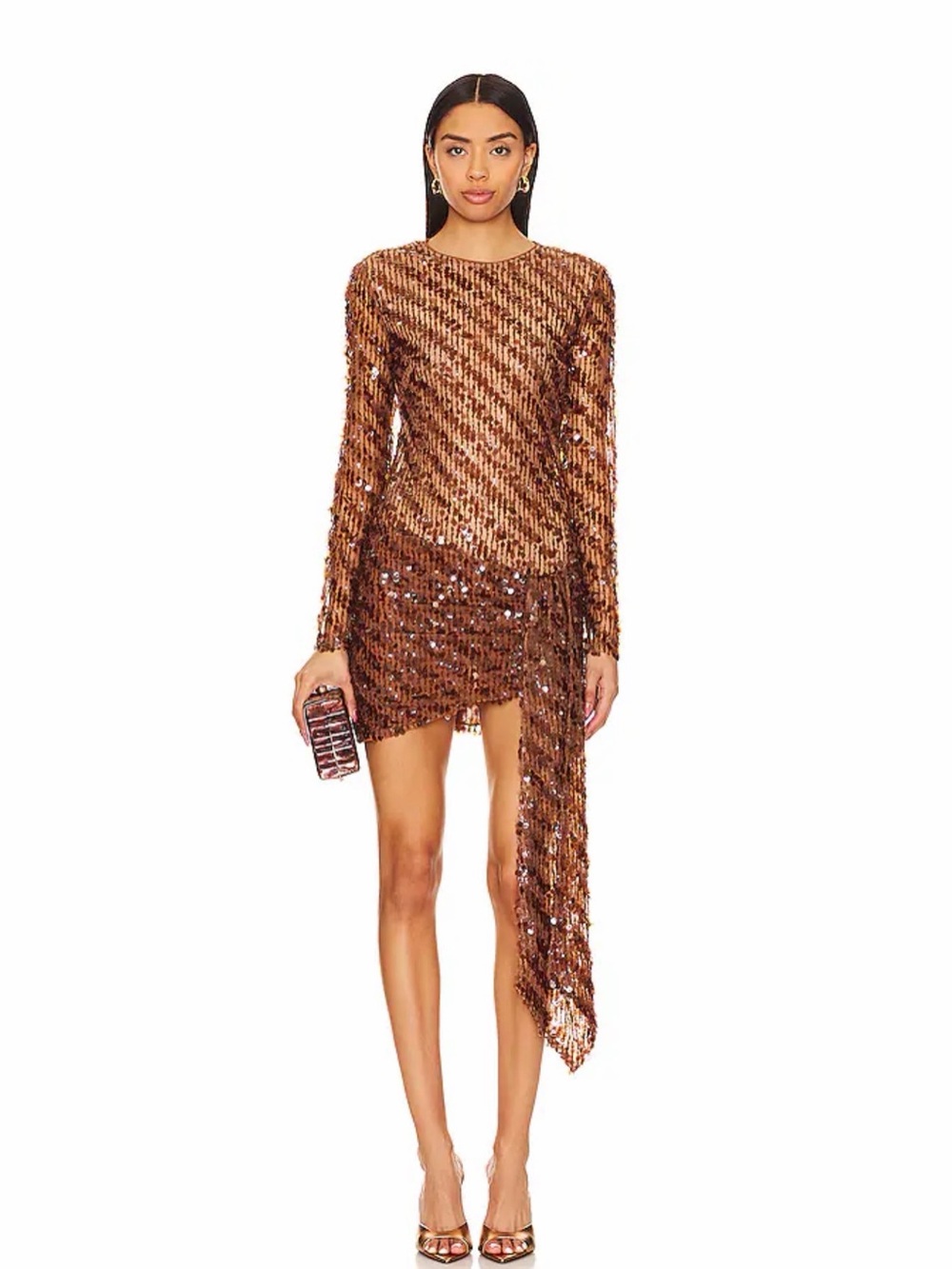 Camila Coelho Revolve Caramel Brown Cataleya Sequined Long Sleeve Mini Dress NWT